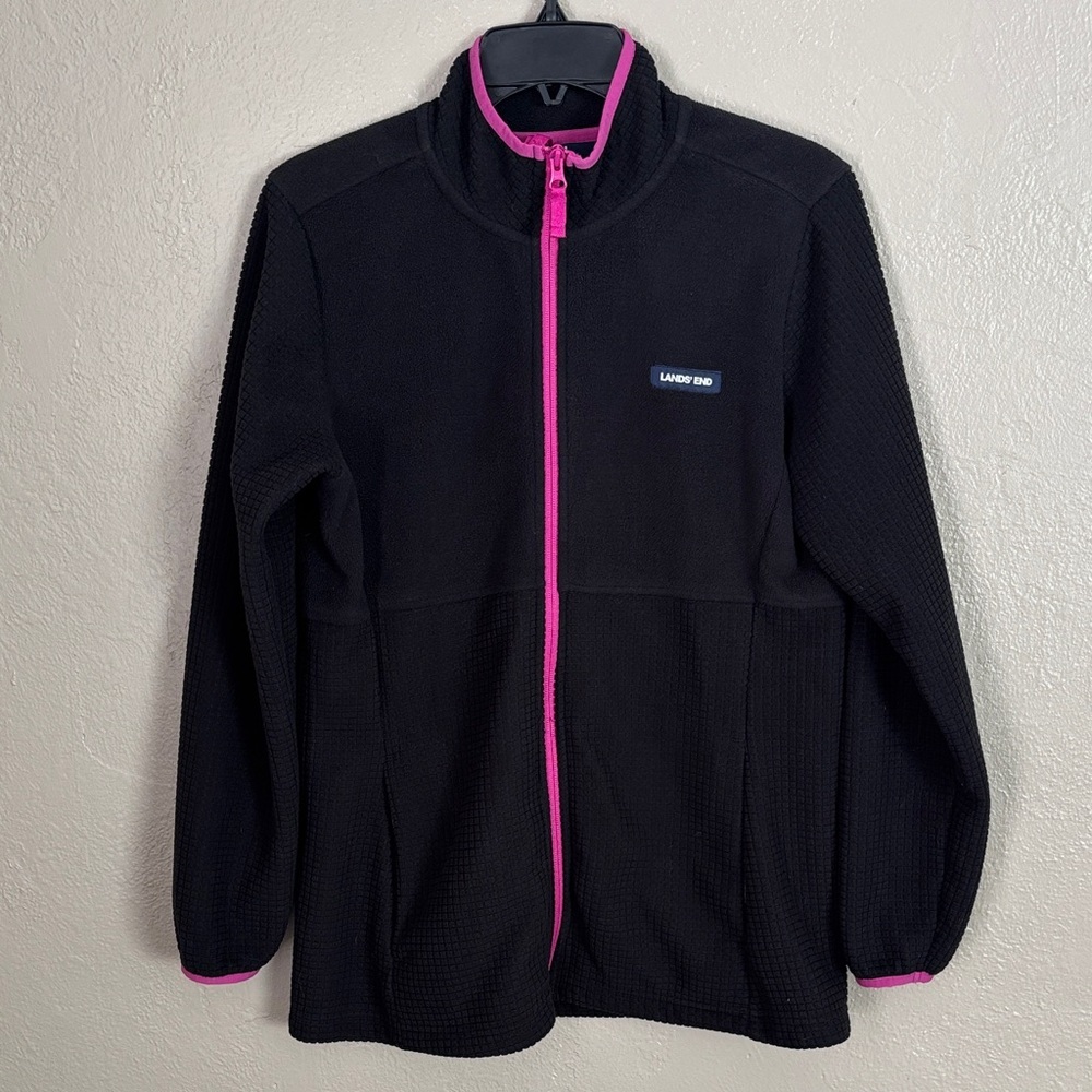 Lands’ End Women’s Grid Fleece Jacket Black Pink Trim Full Zip Medium 10-12
